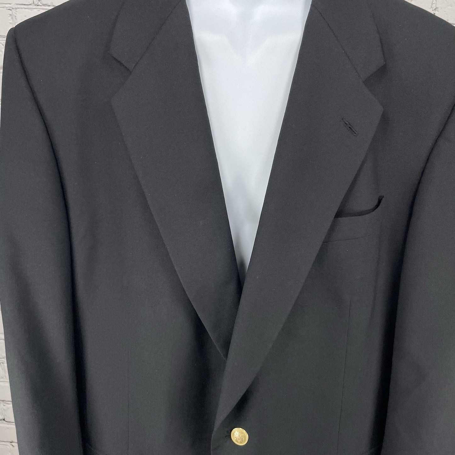 Tallia Uomo Black Worsted Wool 2 Gold Button Blazer Sport Coat USA Made Size 46L