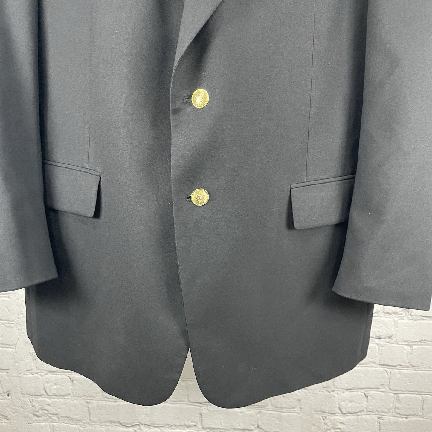 Tallia Uomo Black Worsted Wool 2 Gold Button Blazer Sport Coat USA Made Size 46L