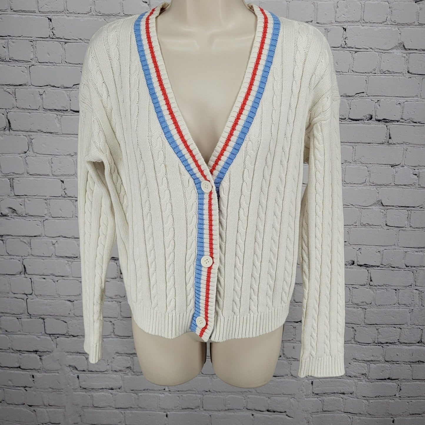 Prince Pickleball Ivory Striped Buttoned Long Sleeve Cardigan Sweater Medium M