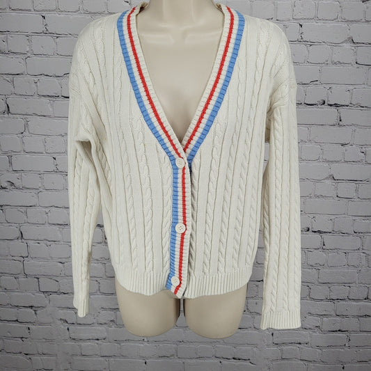Prince Pickleball Ivory Striped Buttoned Long Sleeve Cardigan Sweater Medium M