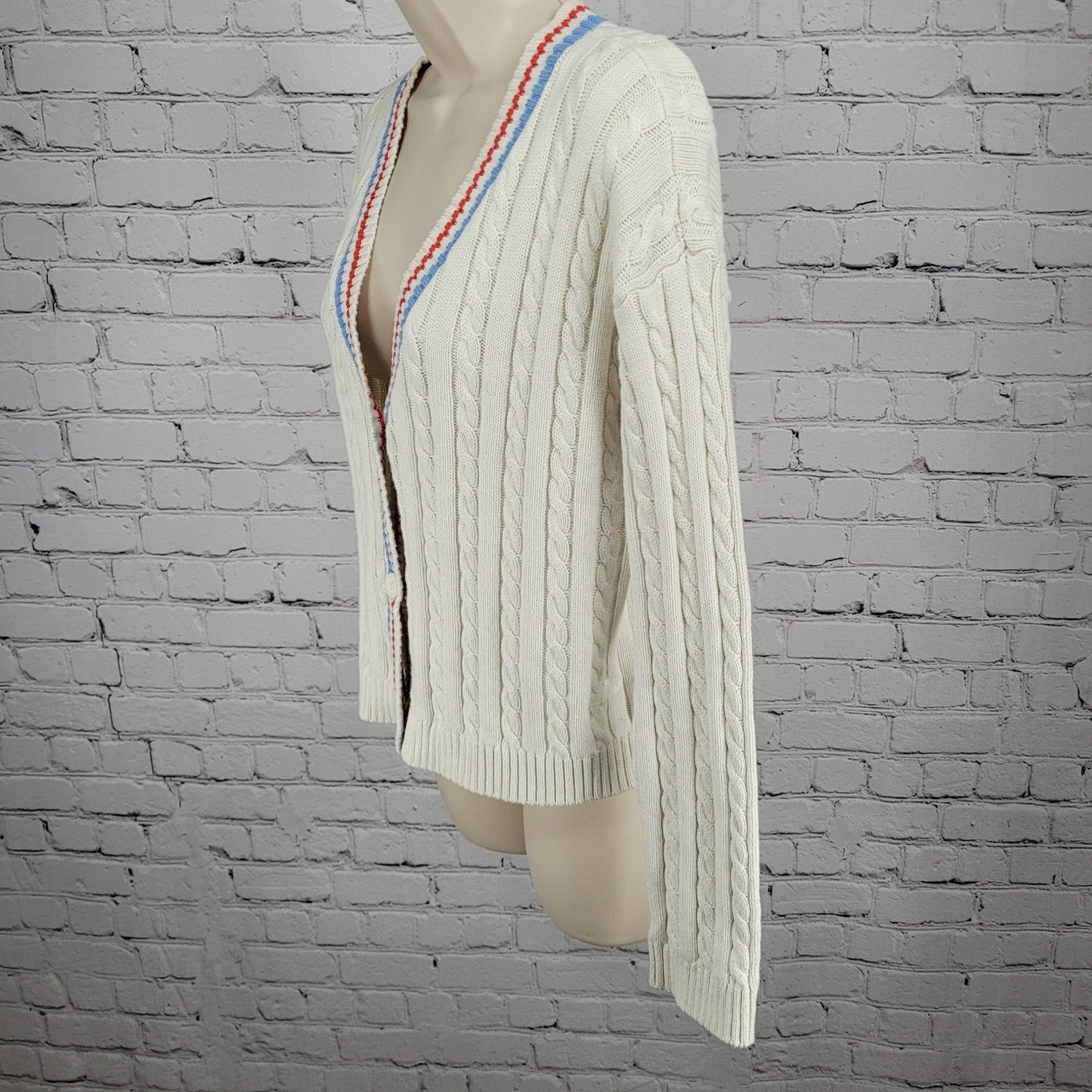 Prince Pickleball Ivory Striped Buttoned Long Sleeve Cardigan Sweater Medium M