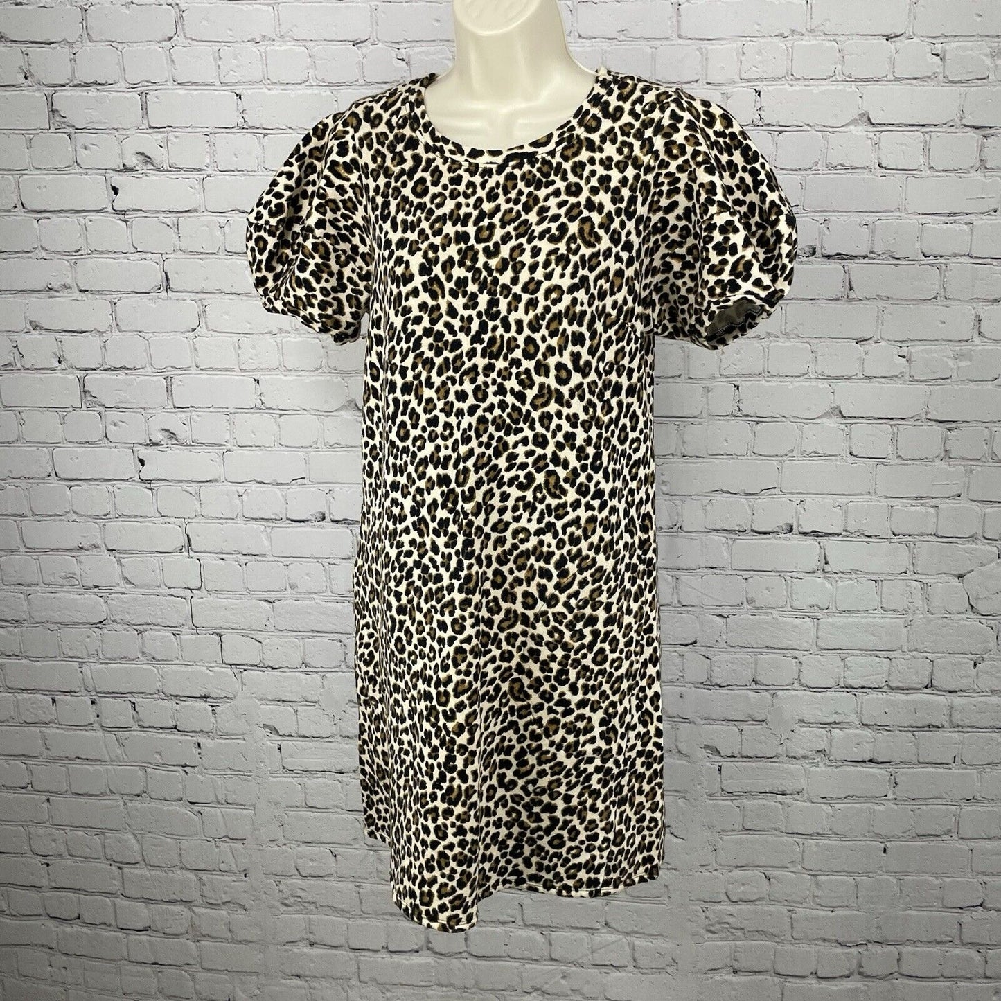 Velvet By Graham Spencer Cream Leopard Puff Sleeve Dress USA Made Size Medium M
