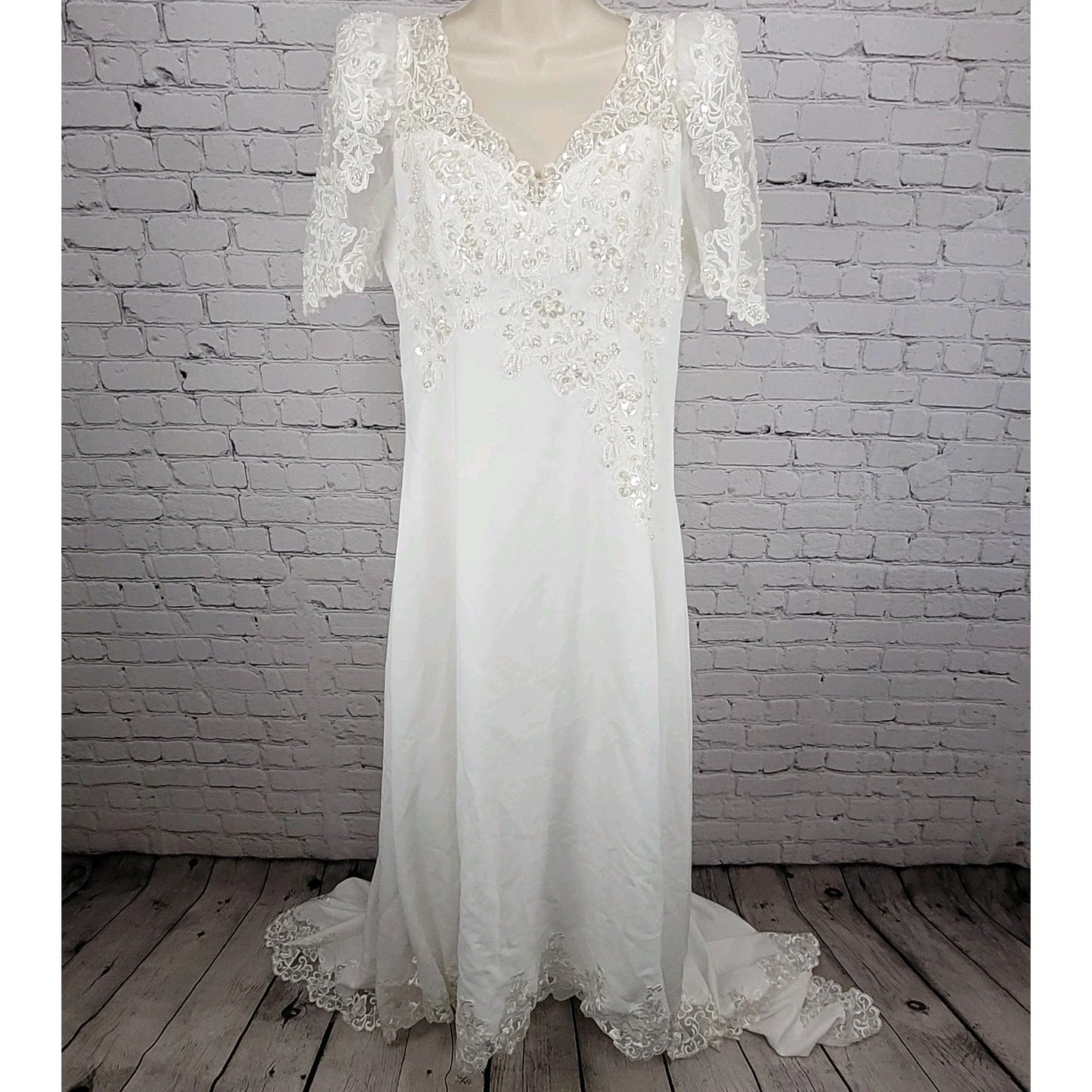 Bridal Originals White Embroidered Floral Beaded Puff Sleeve Wedding Dress 14