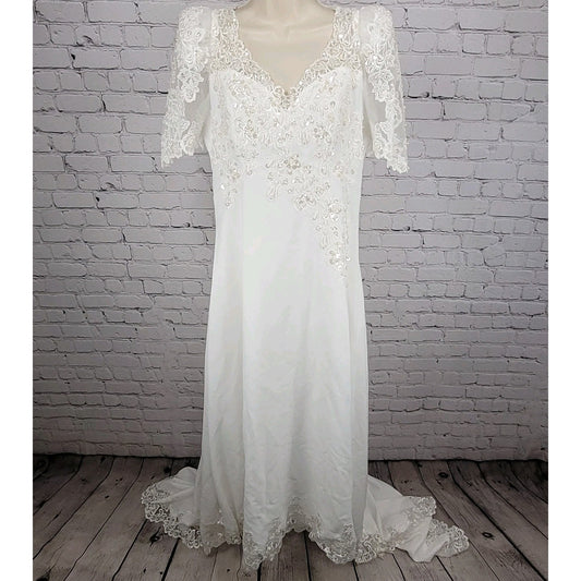 Bridal Originals White Embroidered Floral Beaded Puff Sleeve Wedding Dress 14