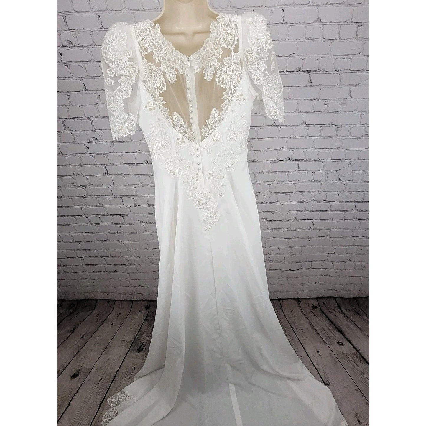 Bridal Originals White Embroidered Floral Beaded Puff Sleeve Wedding Dress 14