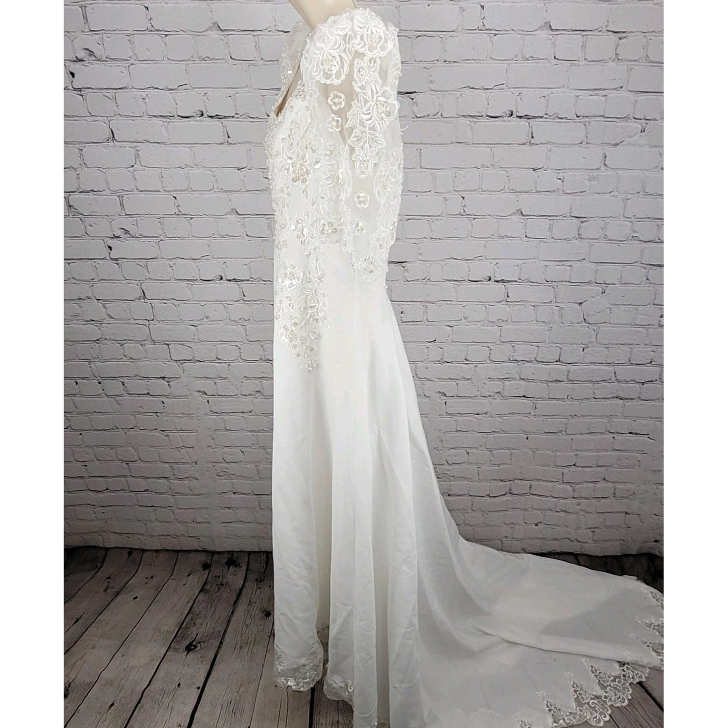 Bridal Originals White Embroidered Floral Beaded Puff Sleeve Wedding Dress 14