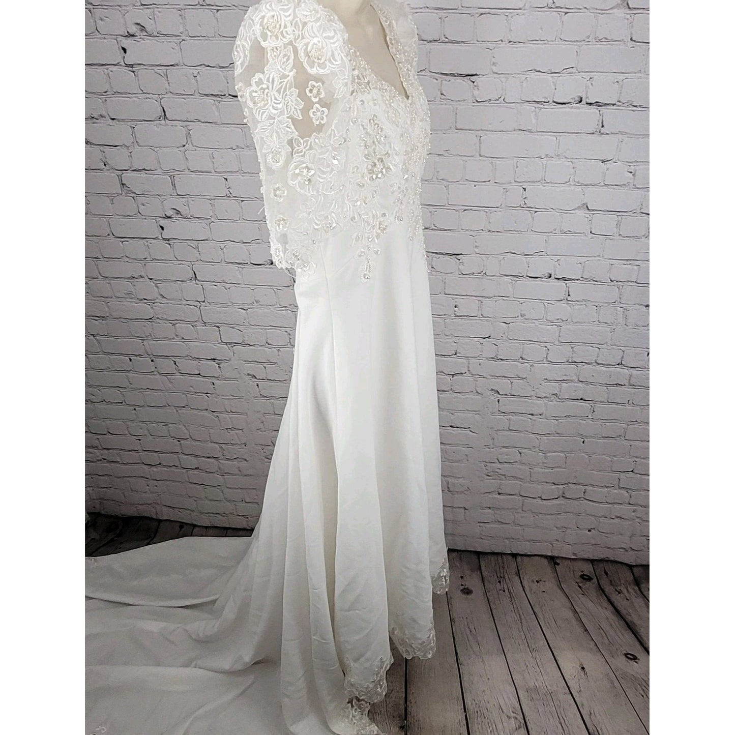 Bridal Originals White Embroidered Floral Beaded Puff Sleeve Wedding Dress 14