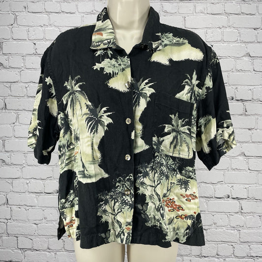 VTG Tommy Bahama Black Silk Hawaiian Oyster Shell Boxy Button Up Shirt Medium M