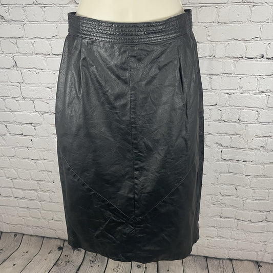 VTG Siena Black Leather Pleated Back Slit Lined Straight Skirt Size 8 (26x26.5)