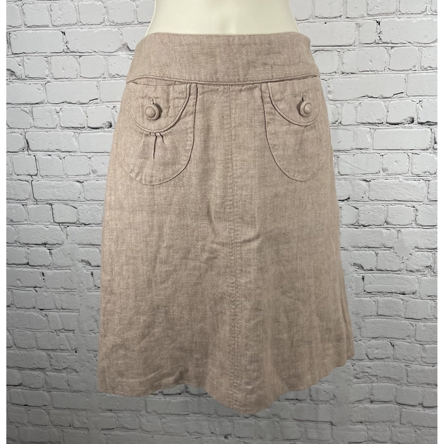 Elevenses Anthropologie Beige Linen Knee Length Cotton Pockets A Line Skirt 0