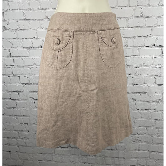 Elevenses Anthropologie Beige Linen Knee Length Cotton Pockets A Line Skirt 0