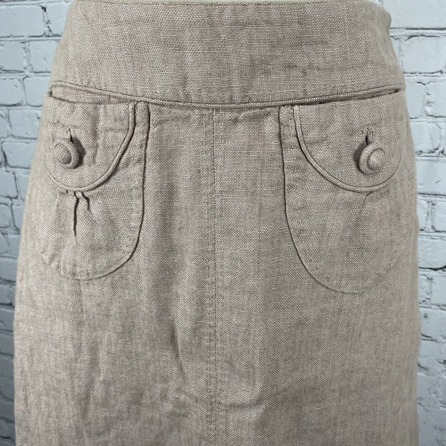 Elevenses Anthropologie Beige Linen Knee Length Cotton Pockets A Line Skirt 0