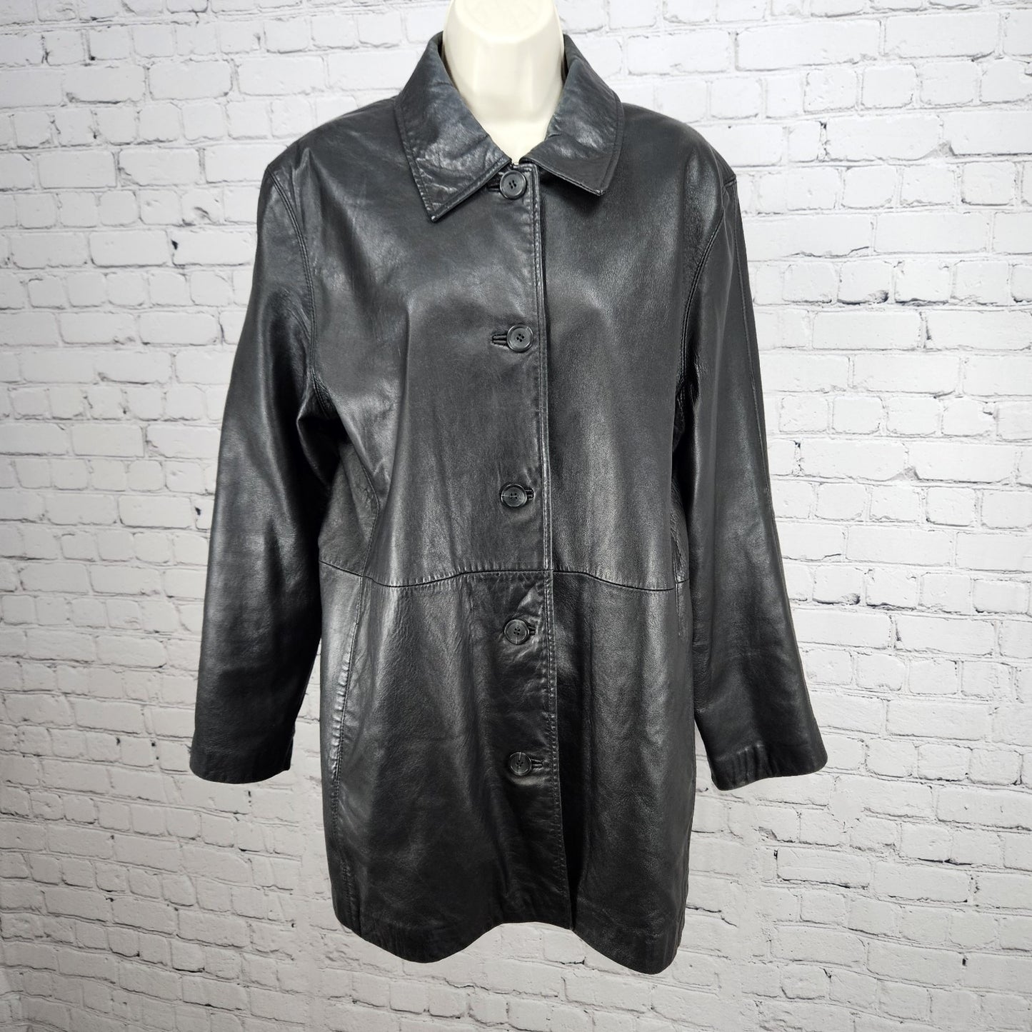 JLC New York Black Genuine Leather Buttoned Collared Pockets Lined Jacket XL