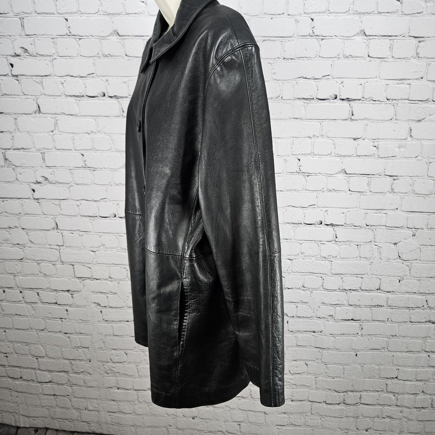 JLC New York Black Genuine Leather Buttoned Collared Pockets Lined Jacket XL