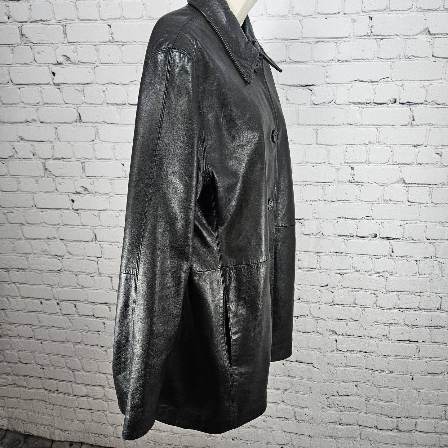 JLC New York Black Genuine Leather Buttoned Collared Pockets Lined Jacket XL