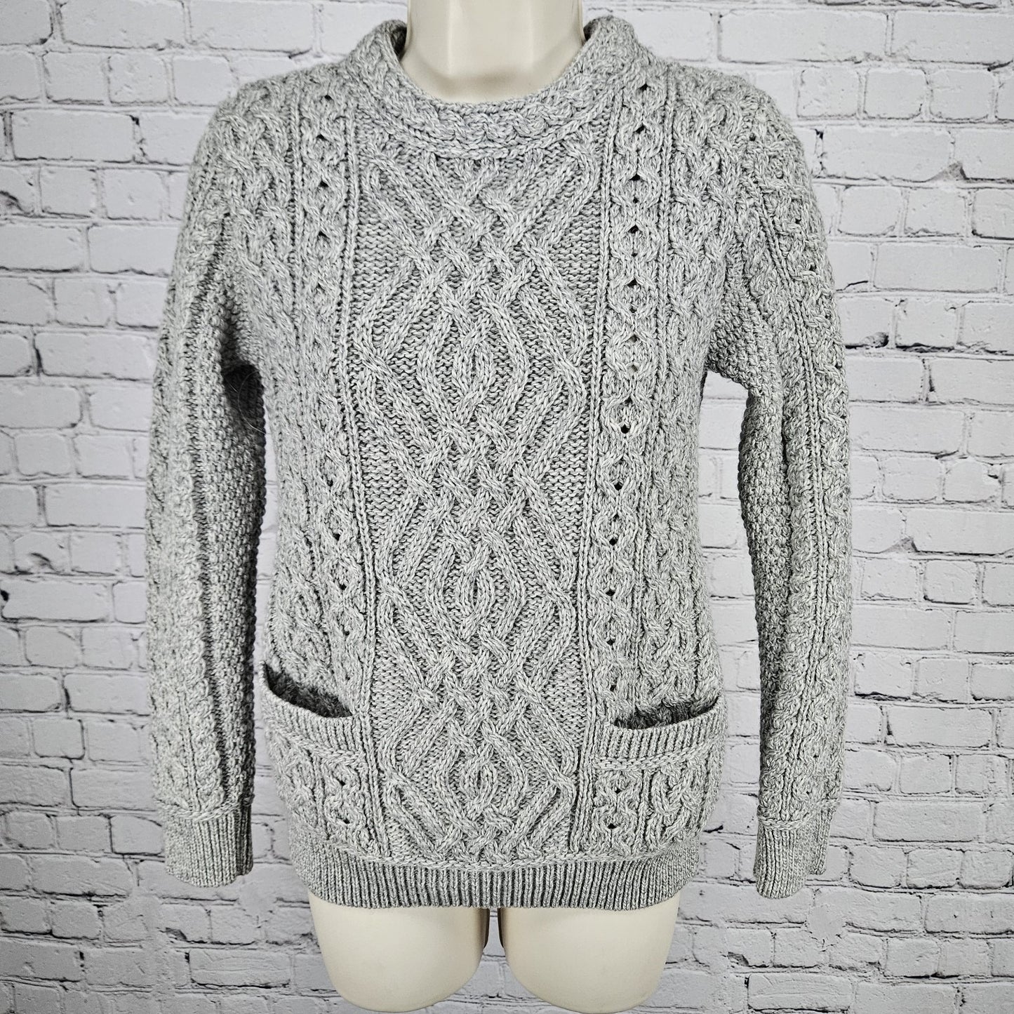 Aran Crafts Grey 100% Merino Wool Chunky Cable Knit Pullover Sweater Ireland XS