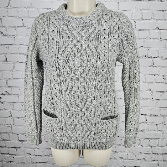 Aran Crafts Grey 100% Merino Wool Chunky Cable Knit Pullover Sweater Ireland XS