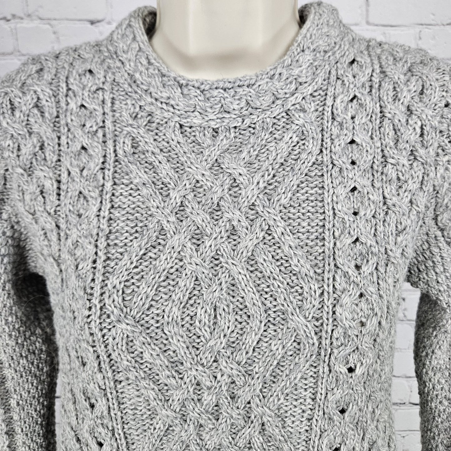 Aran Crafts Grey 100% Merino Wool Chunky Cable Knit Pullover Sweater Ireland XS