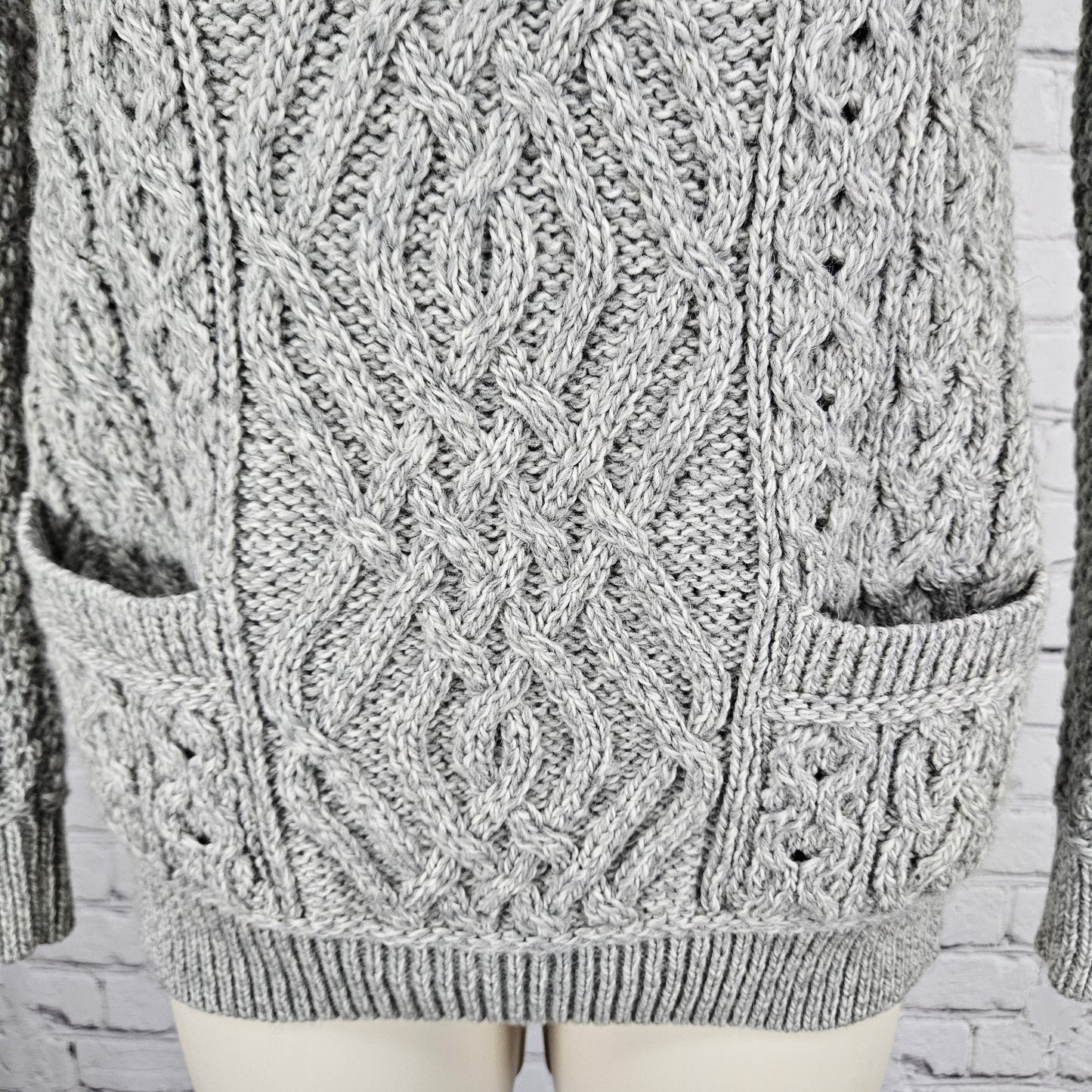 Aran Crafts Grey 100% Merino Wool Chunky Cable Knit Pullover Sweater Ireland XS