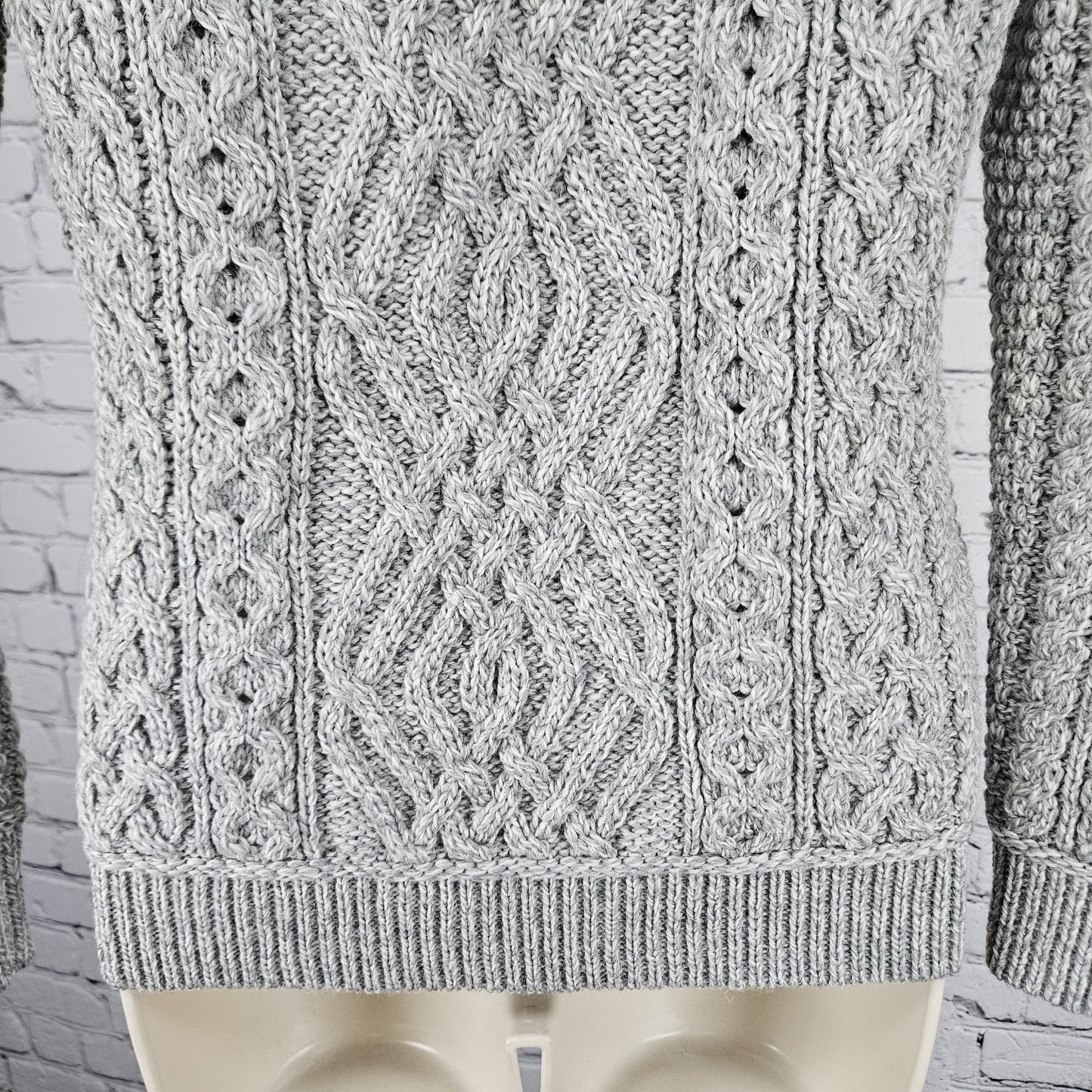 Aran Crafts Grey 100% Merino Wool Chunky Cable Knit Pullover Sweater Ireland XS