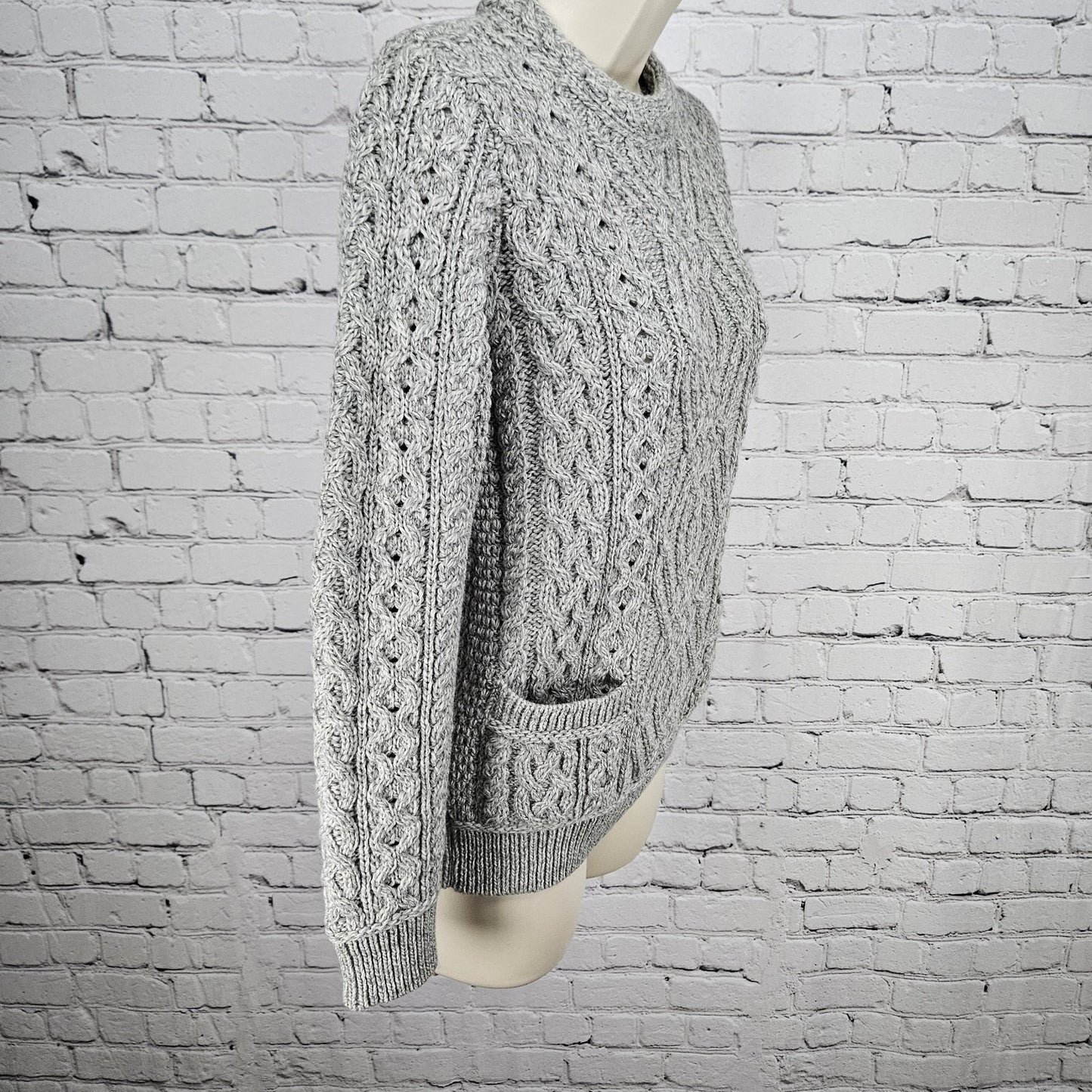 Aran Crafts Grey 100% Merino Wool Chunky Cable Knit Pullover Sweater Ireland XS