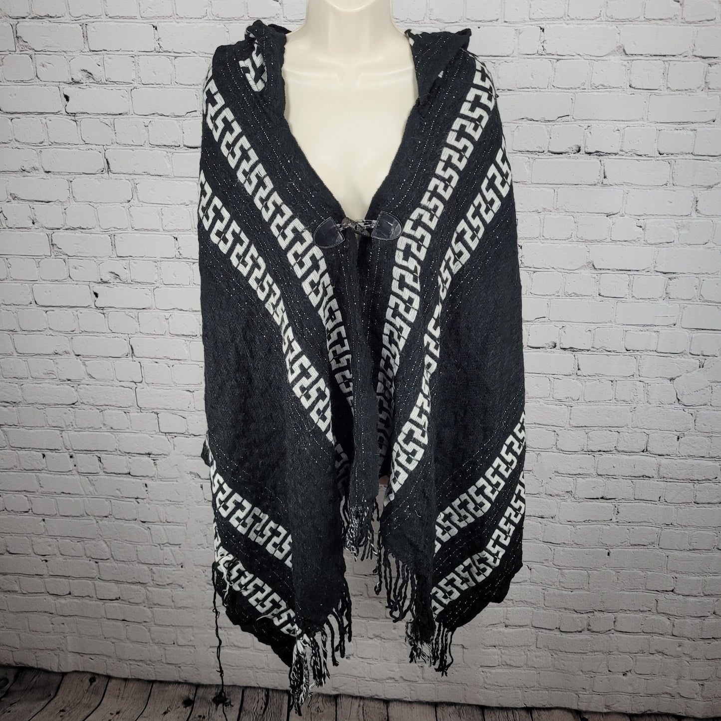 Free People Black White Hooded Toggle Boho Fringe Cape Sweater One Size O/S