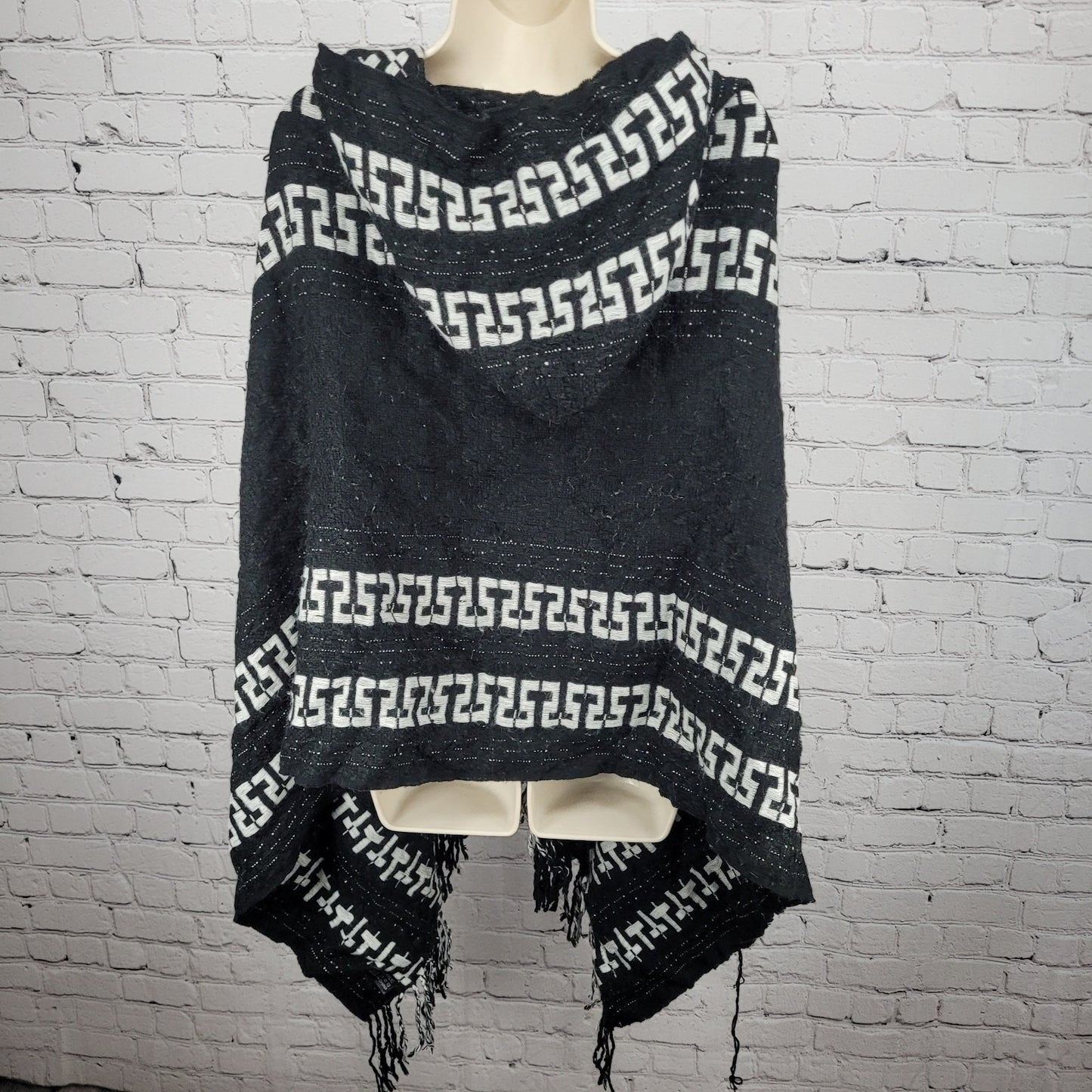 Free People Black White Hooded Toggle Boho Fringe Cape Sweater One Size O/S