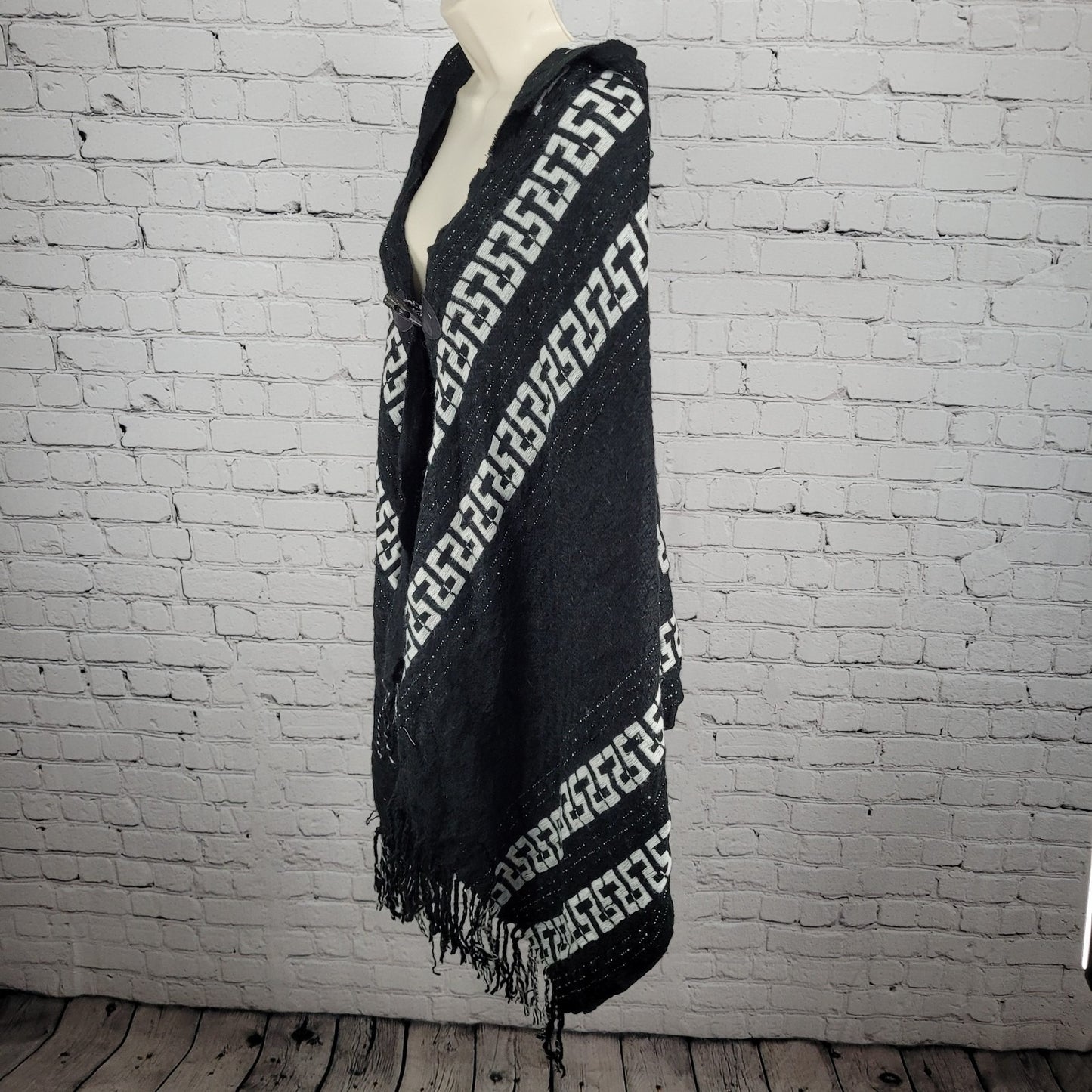 Free People Black White Hooded Toggle Boho Fringe Cape Sweater One Size O/S