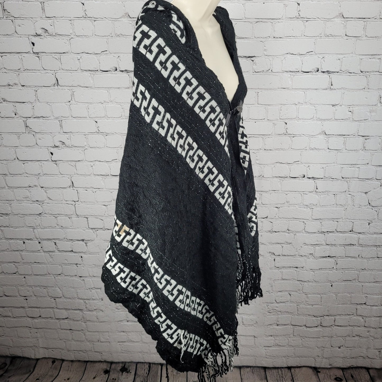 Free People Black White Hooded Toggle Boho Fringe Cape Sweater One Size O/S
