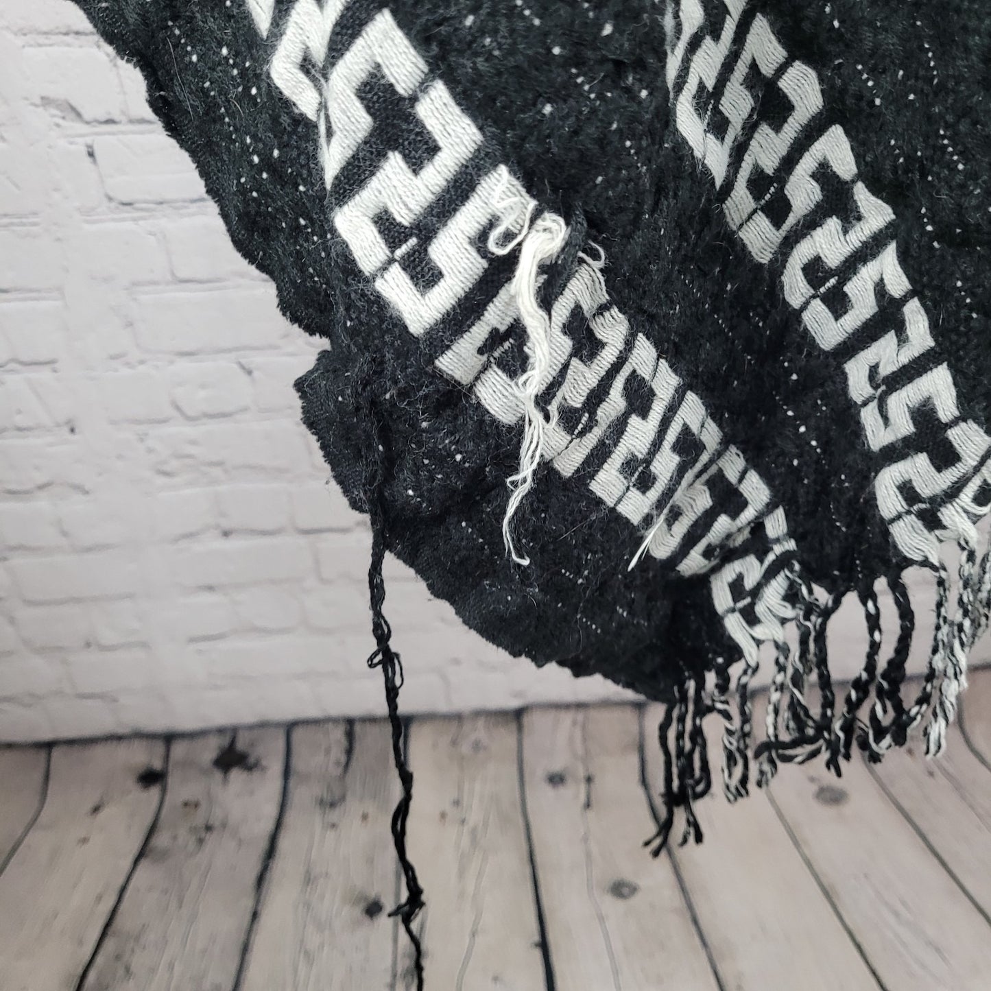 Free People Black White Hooded Toggle Boho Fringe Cape Sweater One Size O/S