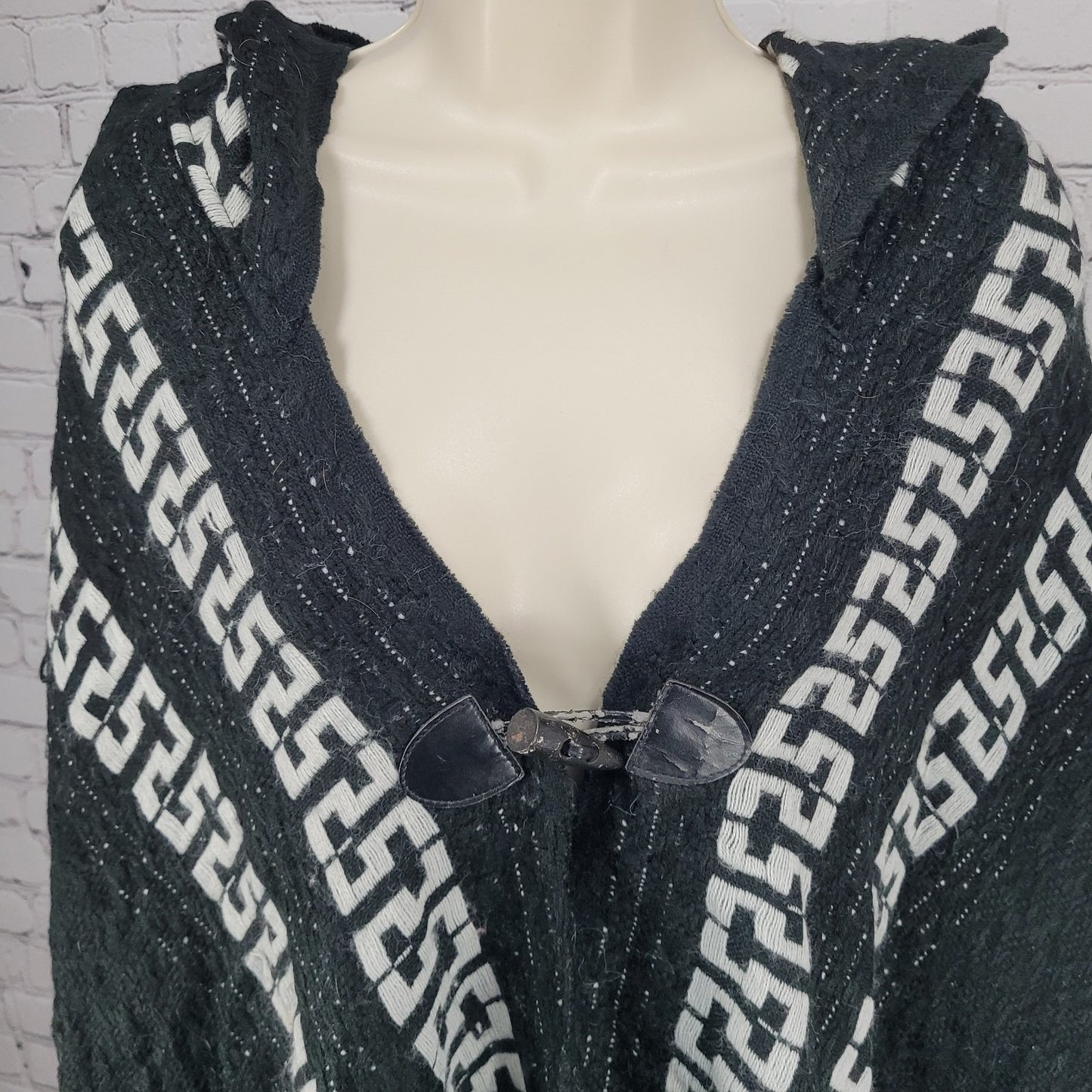 Free People Black White Hooded Toggle Boho Fringe Cape Sweater One Size O/S