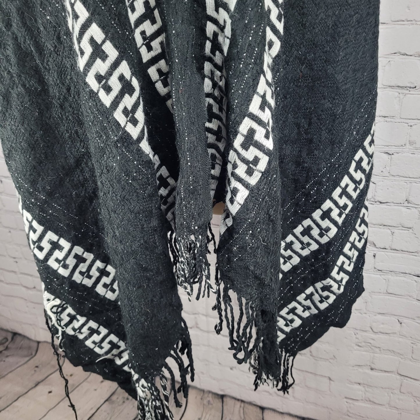 Free People Black White Hooded Toggle Boho Fringe Cape Sweater One Size O/S