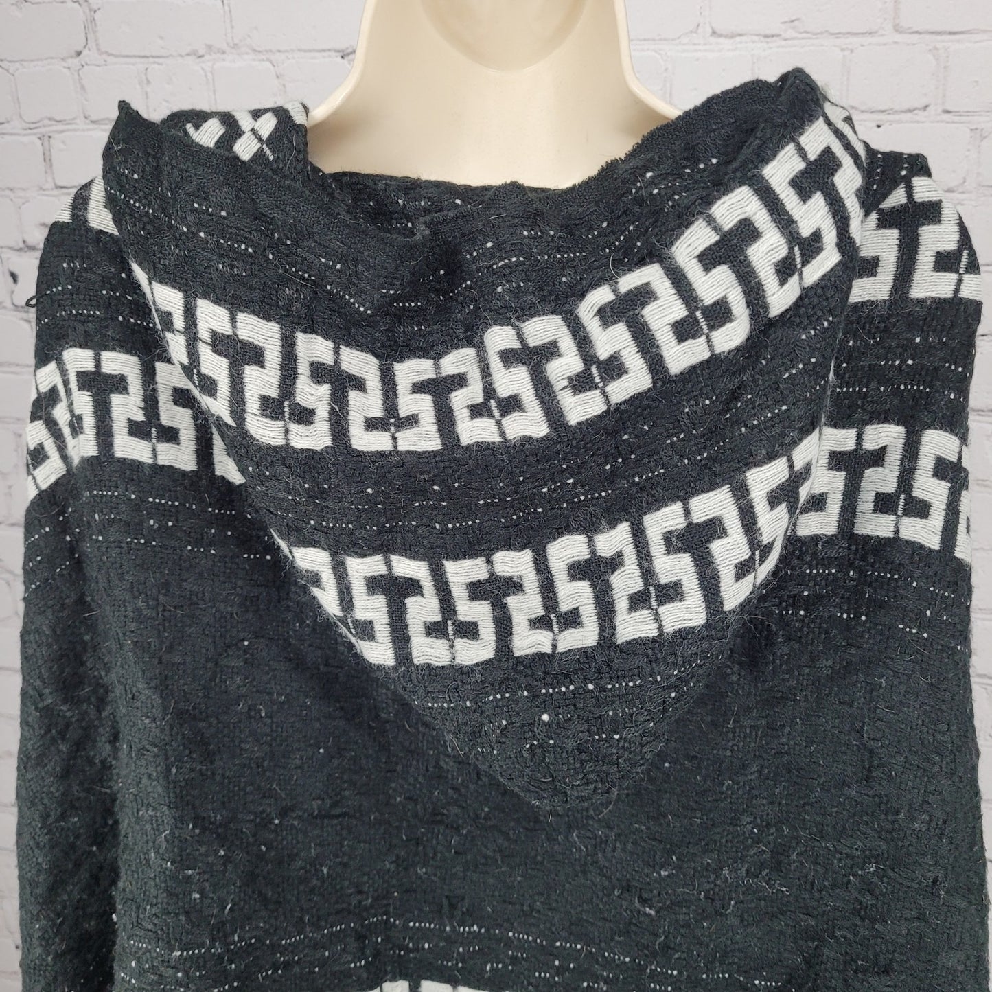 Free People Black White Hooded Toggle Boho Fringe Cape Sweater One Size O/S