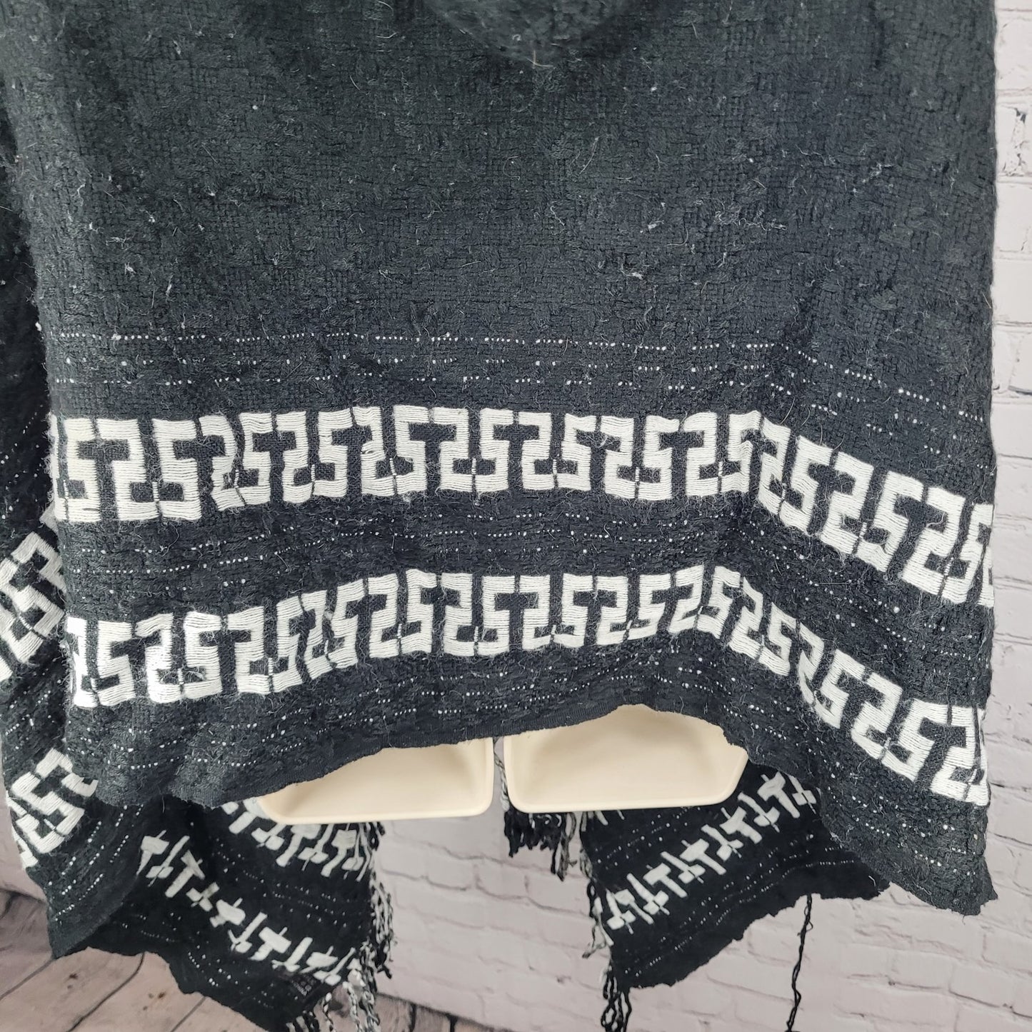 Free People Black White Hooded Toggle Boho Fringe Cape Sweater One Size O/S