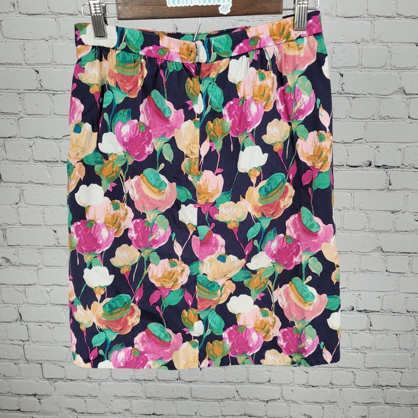 J.CREW Navy Floral Cotton Ruched Pockets Unlined A-Line Skirt Size 2 (26x21)