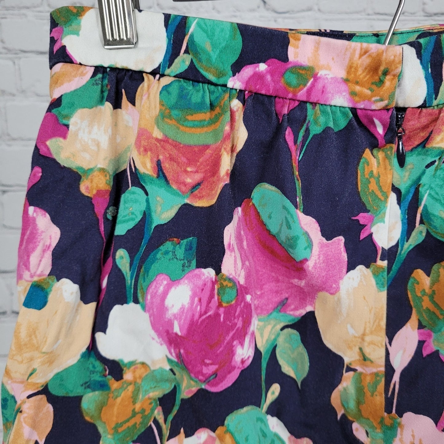 J.CREW Navy Floral Cotton Ruched Pockets Unlined A-Line Skirt Size 2 (26x21)