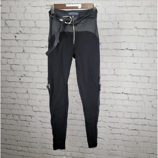 Maniere De Voir Black Faux Leather Accents Belted Skinny Stretch Pants 0 (22x29)