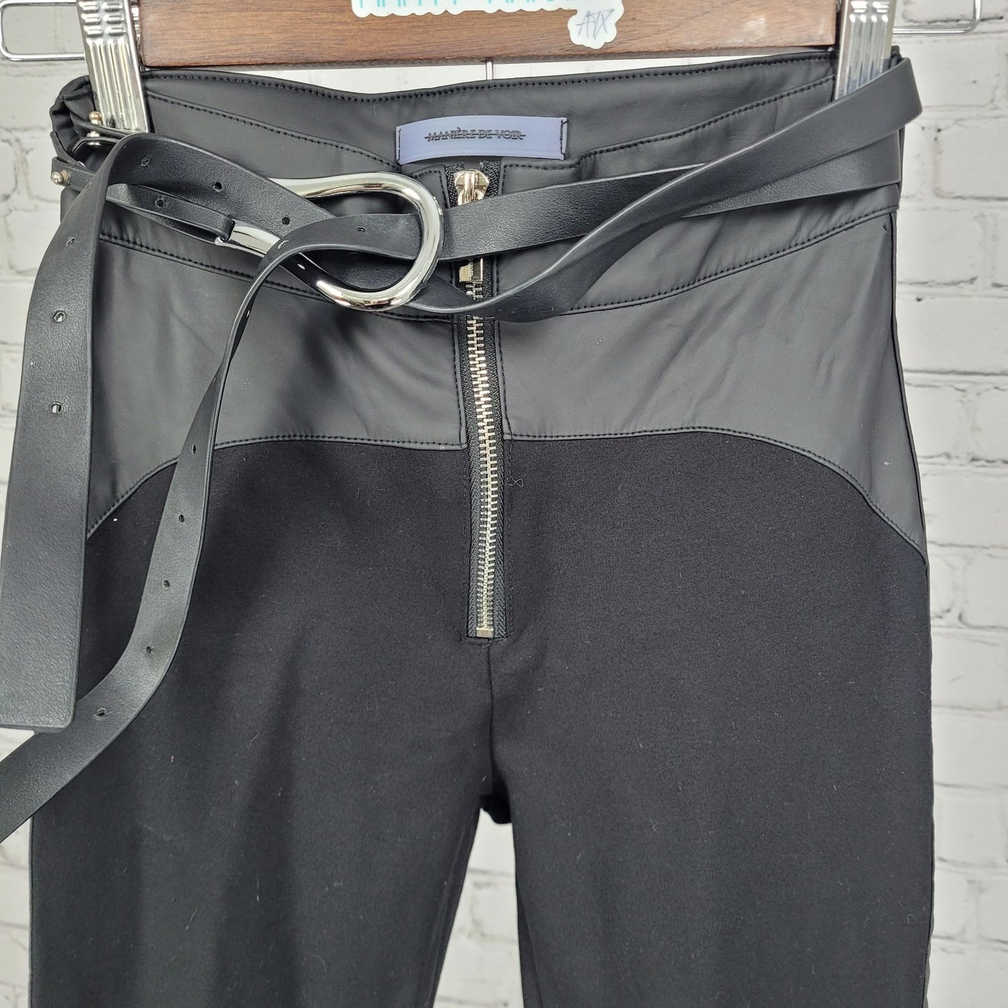 Maniere De Voir Black Faux Leather Accents Belted Skinny Stretch Pants 0 (22x29)