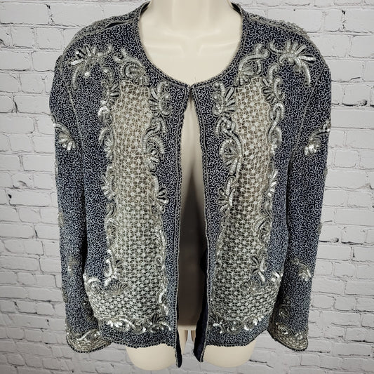 Adrianna Papell Blue Sequin Metallic Embellished Evening Jacket Size Medium M