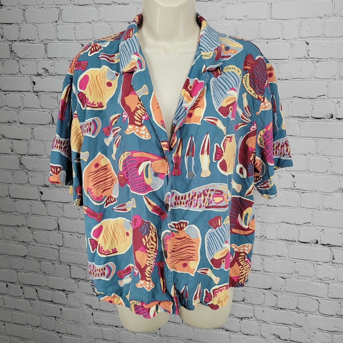 Patagonia Blue Tidal Threads Button Up Short Sleeve Collared Shirt Top Large L