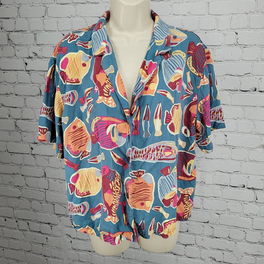 Patagonia Blue Tidal Threads Button Up Short Sleeve Collared Shirt Top Large L