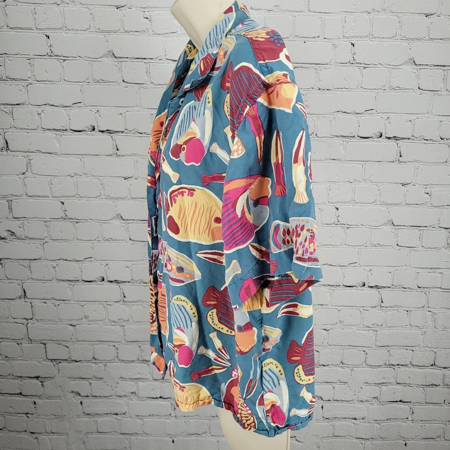 Patagonia Blue Tidal Threads Button Up Short Sleeve Collared Shirt Top Large L