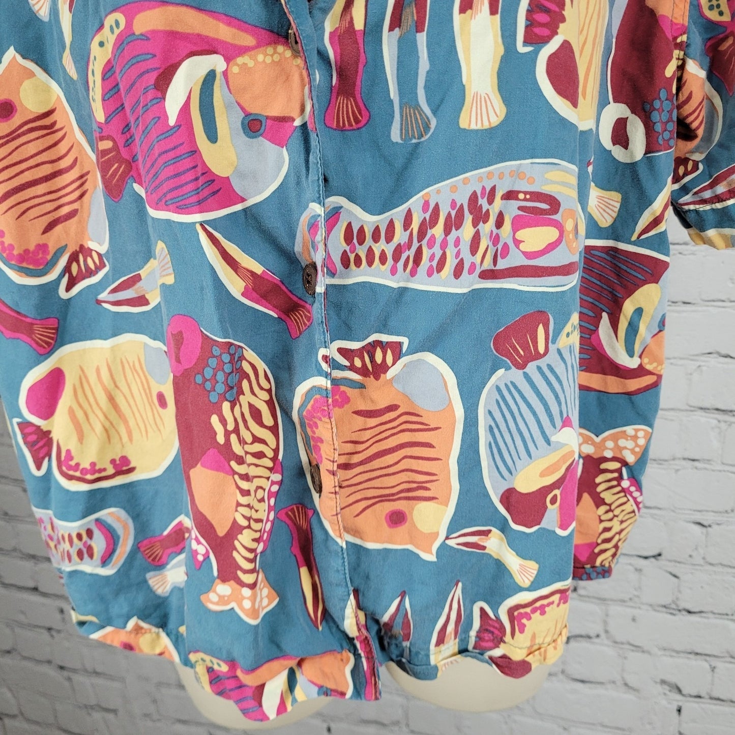 Patagonia Blue Tidal Threads Button Up Short Sleeve Collared Shirt Top Large L