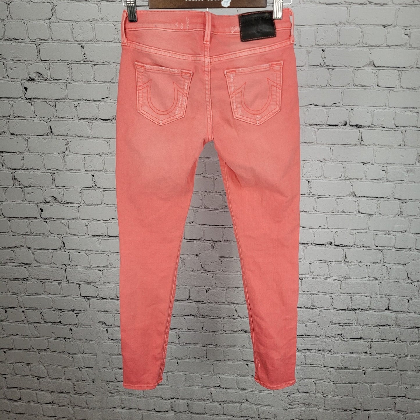 True Religion Halle Pink Orange Mid Rise Super Skinny Jeans USA Made 25 (25x28)