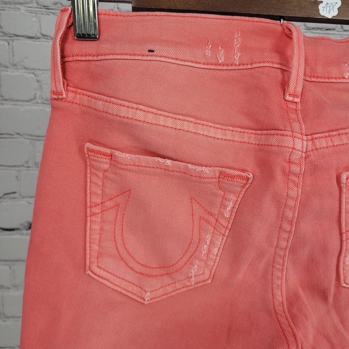 True Religion Halle Pink Orange Mid Rise Super Skinny Jeans USA Made 25 (25x28)