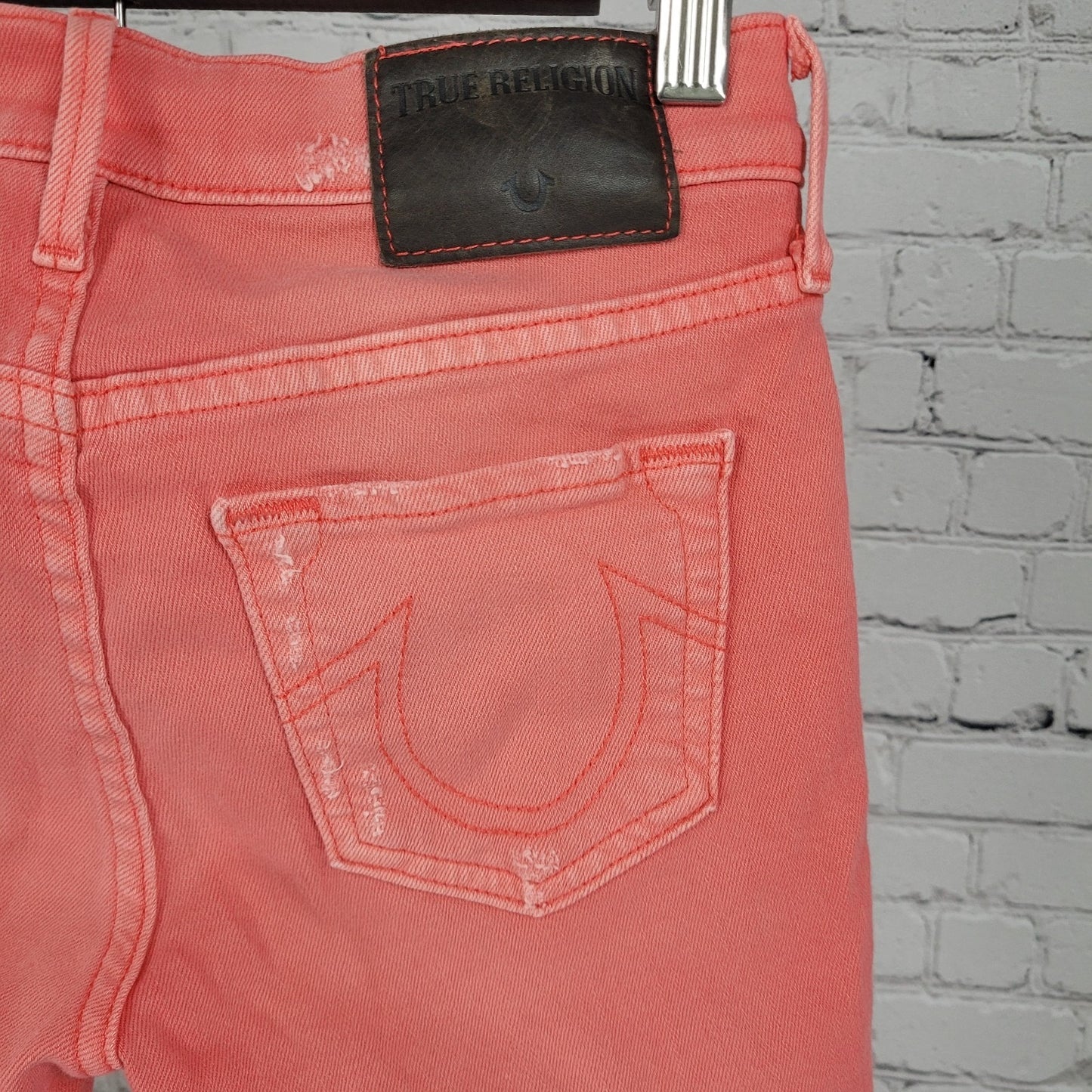 True Religion Halle Pink Orange Mid Rise Super Skinny Jeans USA Made 25 (25x28)