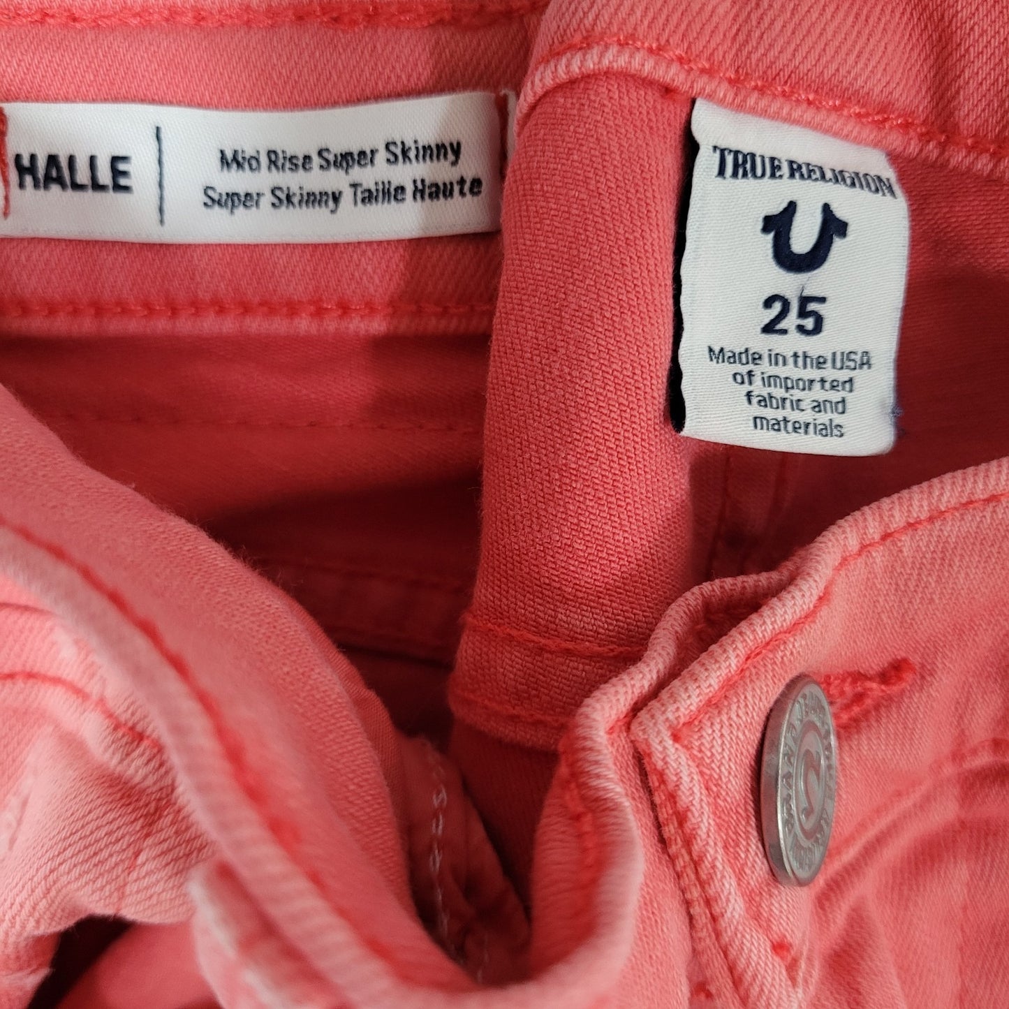 True Religion Halle Pink Orange Mid Rise Super Skinny Jeans USA Made 25 (25x28)