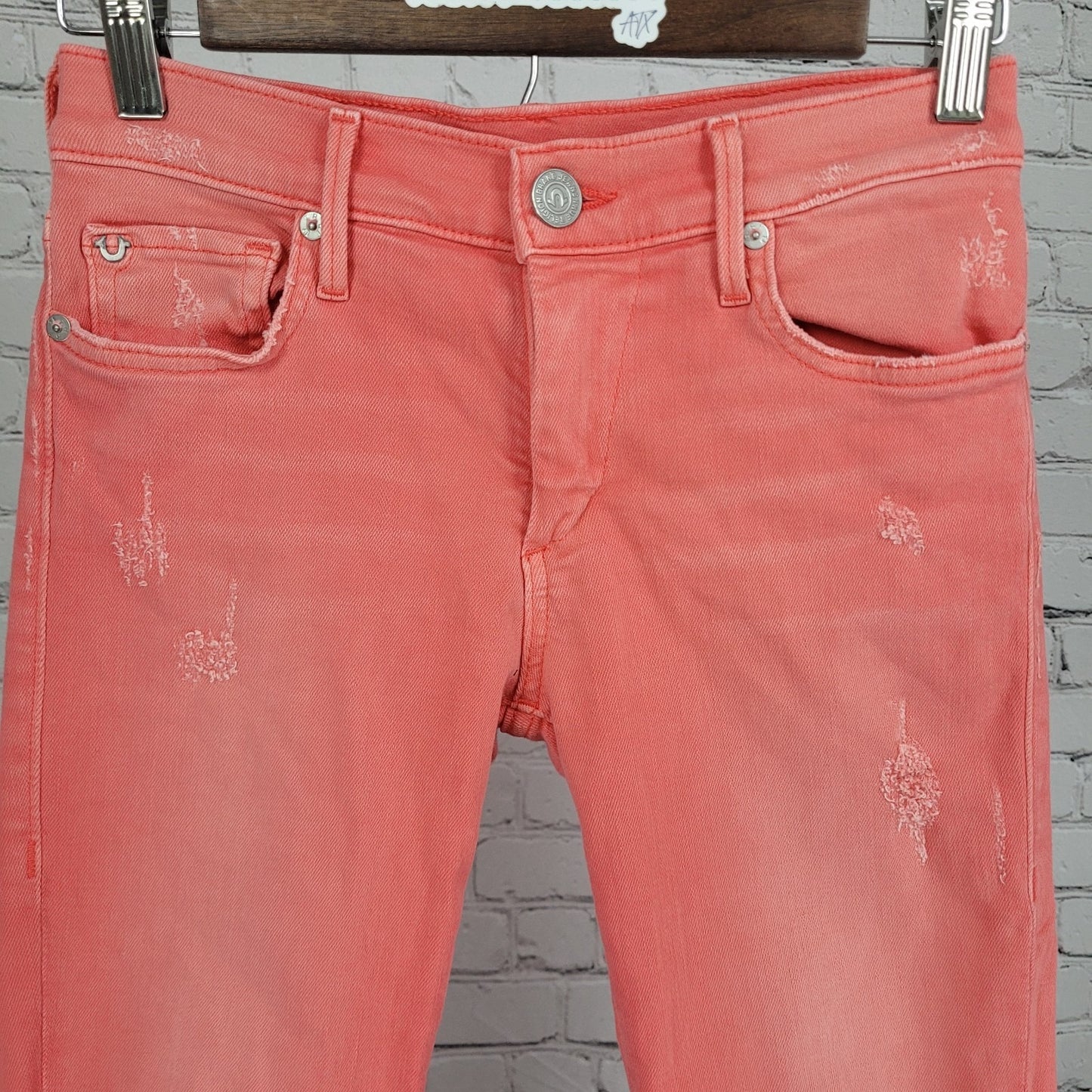 True Religion Halle Pink Orange Mid Rise Super Skinny Jeans USA Made 25 (25x28)