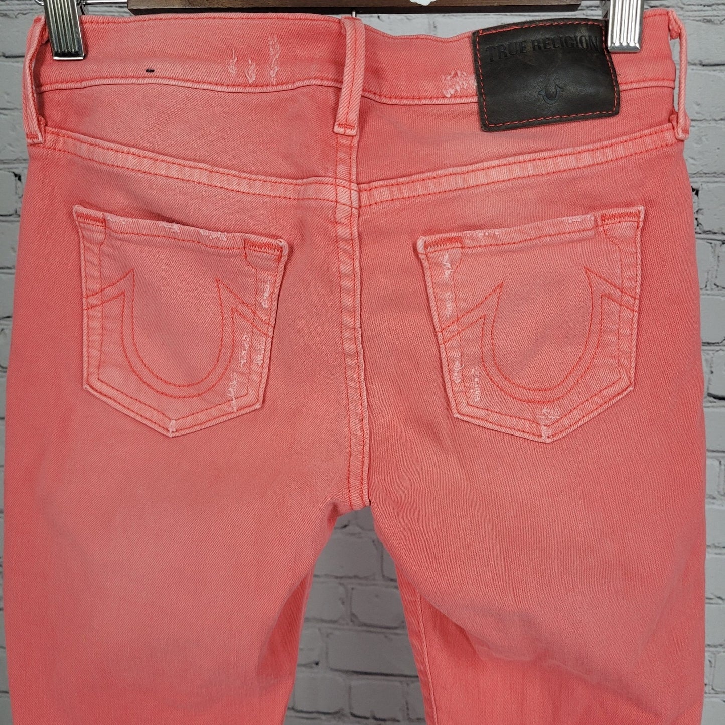 True Religion Halle Pink Orange Mid Rise Super Skinny Jeans USA Made 25 (25x28)