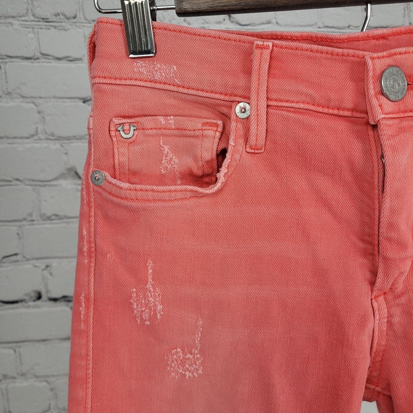 True Religion Halle Pink Orange Mid Rise Super Skinny Jeans USA Made 25 (25x28)